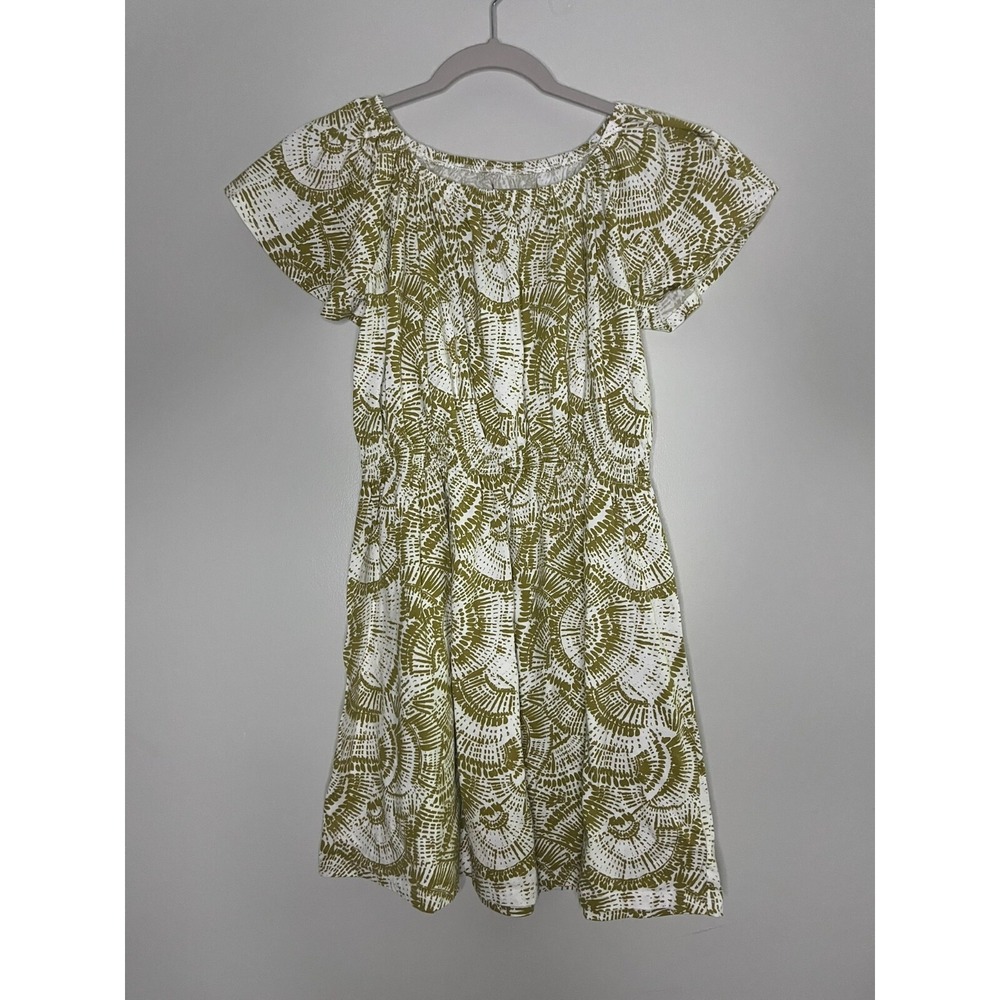 Gap White Green Smocked Floaty Cap Sleeve Dress Elastic Waistband Kids Size XXL